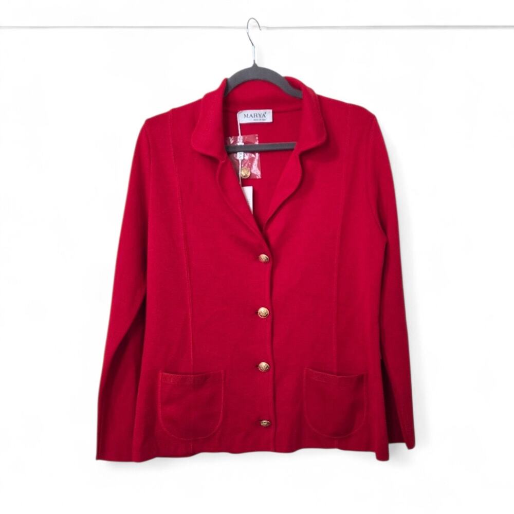 Marya Italy Red Gold Crest Buttons Luxury Knitwear Cardigan Sweater NWT Size 10